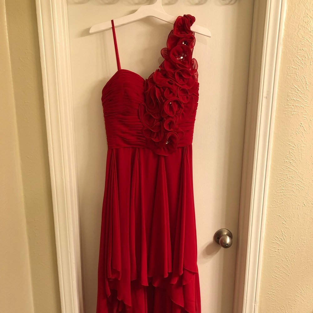Red High-Low, One Shoulder Homecoming Dress